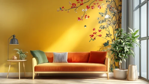 Modern yellow living room with orange sofa and mural wall.