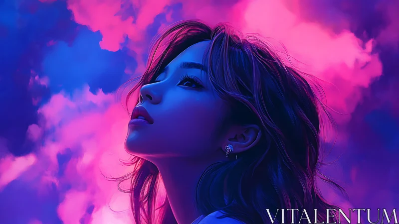 Woman looking upward against neon pink and blue sky clouds.