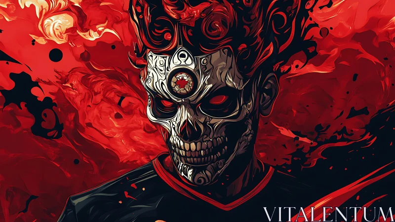 Flaming cyber-demonic skull portrait in red and black motion