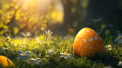 Golden Easter egg glows softly in a sunlit spring meadow