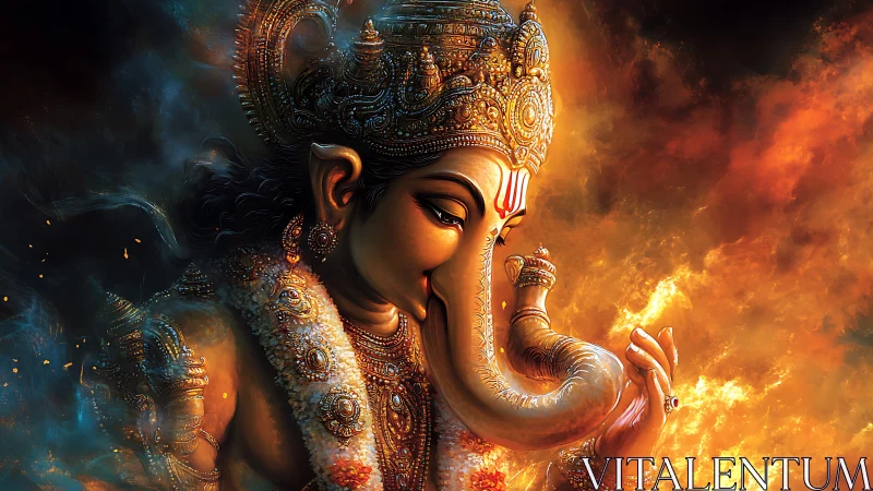 Divine elephant-headed deity in radiant fiery aura.