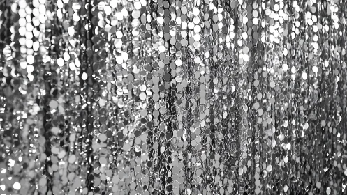 Silver sequin curtain forms shimmering abstract metallic field