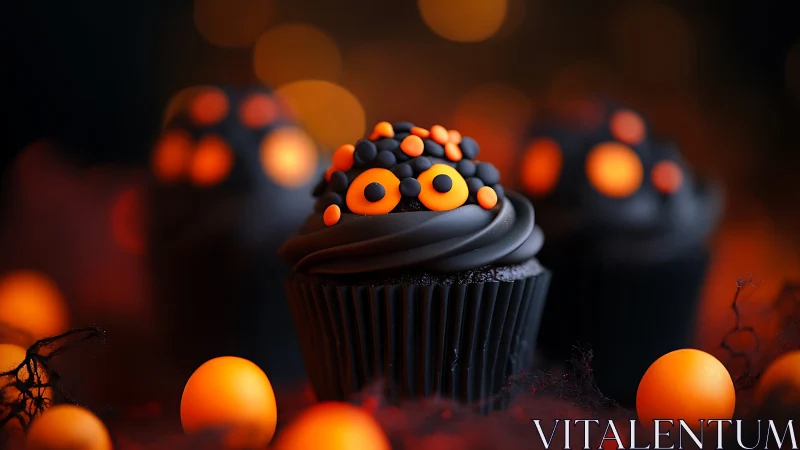 Black cupcake with orange monster eyes and bokeh background