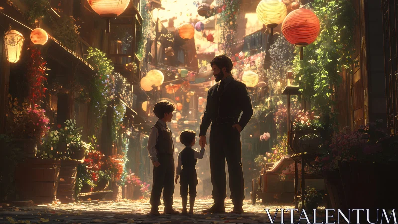 Father and children walking under lanterns at golden dusk.