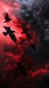 Silhouetted crows traverse incandescent crimson storm clouds