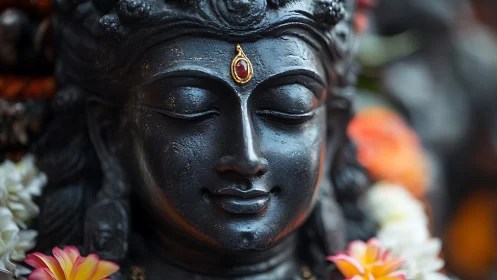 Serene stone visage listens softly to garlanded morning prayers