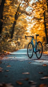 Blue Bicycle on Autumn Path with Bokeh Foliage.