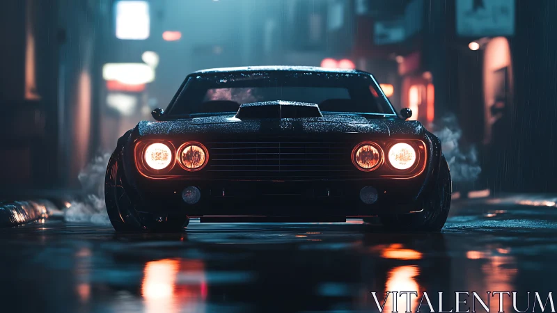 Low-angle view shows classic coupe idling on wet urban street