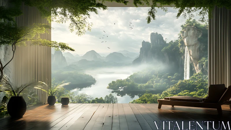 Interior terrace opening onto misty lake and waterfalls scene.