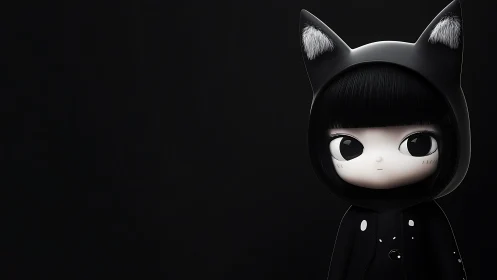Chibi girl in black cat hoodie stands against dark void
