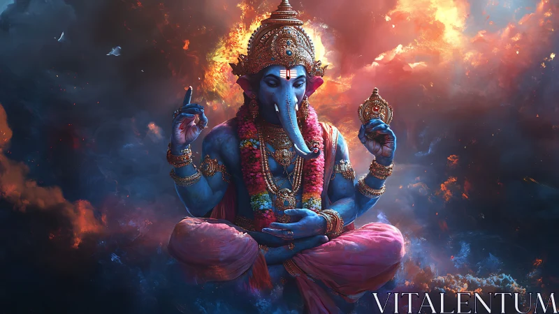 Divine blue deity meditates within blazing cosmic clouds.