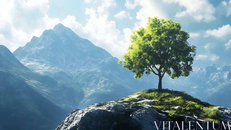 Solitary green tree on rocky hill before distant mountains.