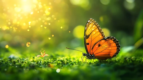 Sunlit orange butterfly resting in a tiny glowing garden.
