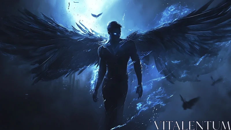 Dark winged figure in blue light with glowing energy aura.