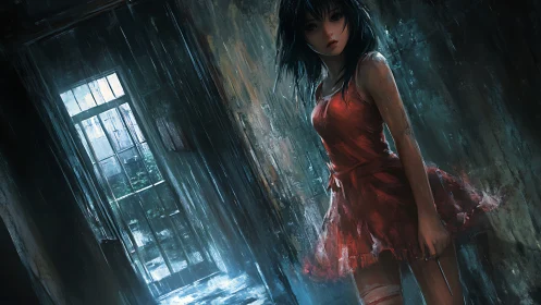 Rain-soaked anime girl in red dress stands in decayed corridor