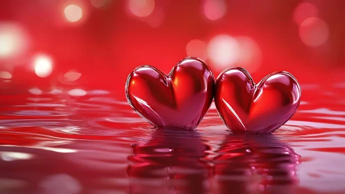 Dual Crystal Hearts Glow Against Red Bokeh.