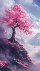 Solitary cherry blossom crowns a misted highland escarpment