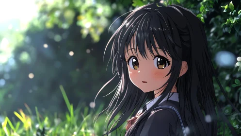 Sunlit anime schoolgirl portrait in soft bokeh garden setting.