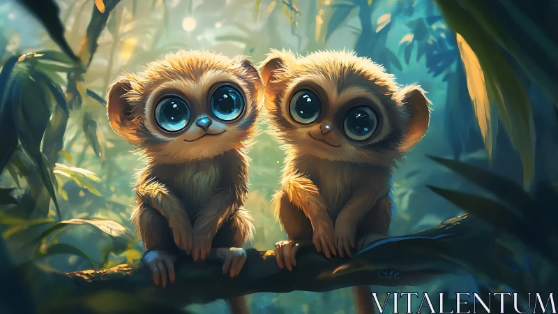 Two wide-eyed furry creatures perched on jungle branch.