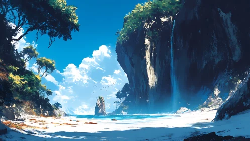 Towering limestone cliffs frame pristine tropical beach cove beneath crystalline sky.