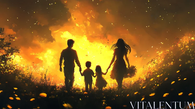 Family silhouettes hold hands before burning firestorm.