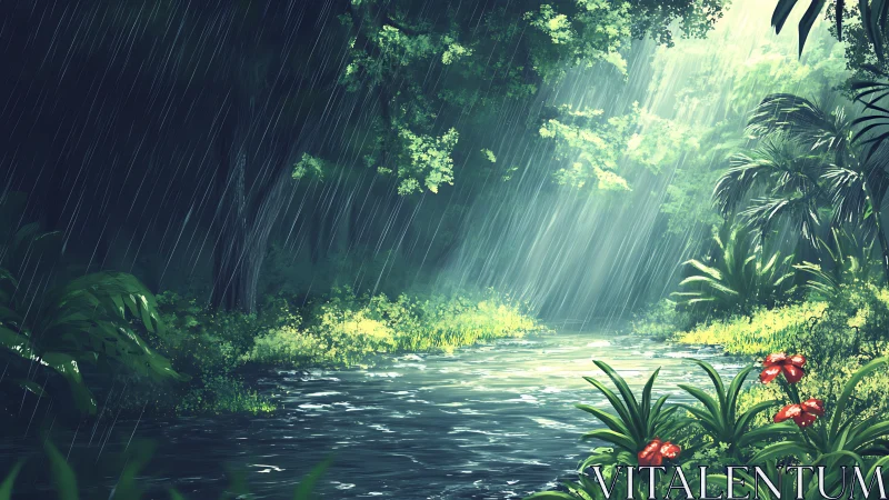 Rainy Jungle Sanctuary: Where Sunlight Meets Green Serenity.