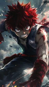 Battle-scarred anime hero charges forward through chaos