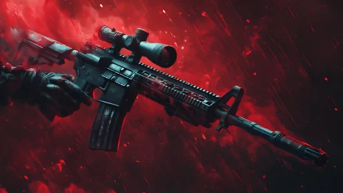 Scoped tactical rifle in red smoke with gloved grip.