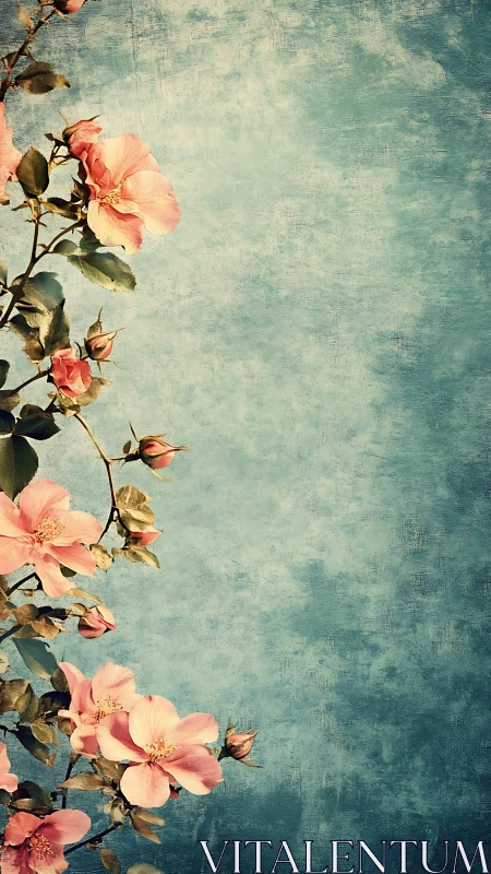 Pink flowering branch on textured blue background. Period.