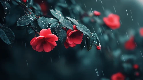 Red camellia flowers hang under rain with sharp foreground focus