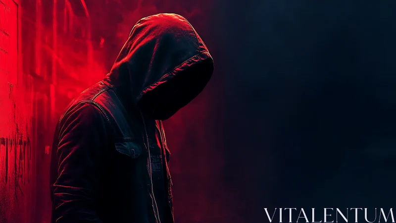 Hooded figure in red-lit alley fading into dark void.