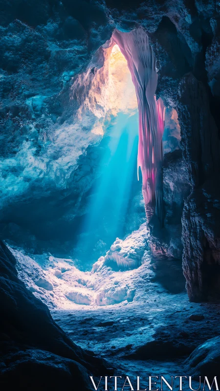 Iridescent ice cavern shaft with volumetric god rays and drapery