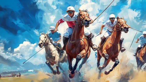 Dynamic polo match with riders charging across field.