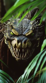 Jungle nightmare dragon peers through leaves with feral glare.