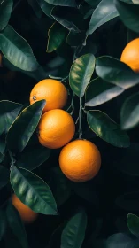 Sunlit oranges glowing like lanterns in deep green leaves.