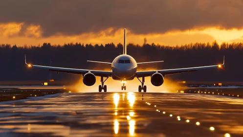 Passenger jet touches down on wet runway at sunset light