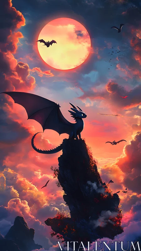Moonlit dragon sentinel crowns a blazing fantasy sky