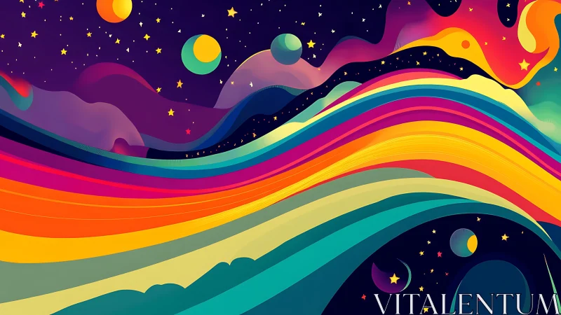 Cosmic rainbow rivers swirl through a neon dreamscape sky.