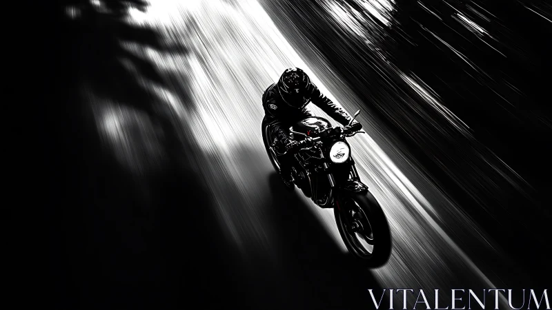 Motorcyclist racing through dark road with strong motion blur.