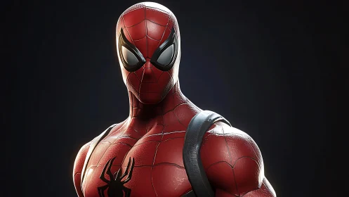 Glossy red web-suited vigilante in cinematic spotlight.