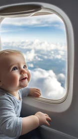 Infant gazing at clouds through airplane window with wonder.