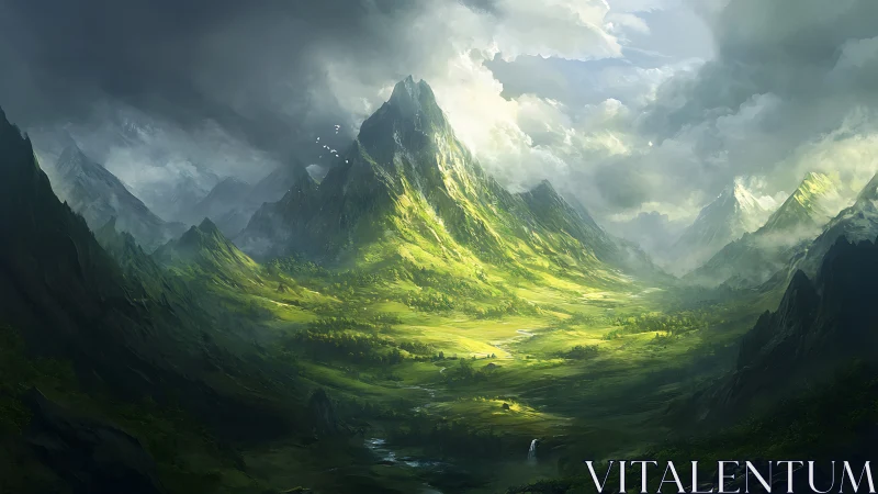 Sunlit valley of emerald peaks under gathering clouds.