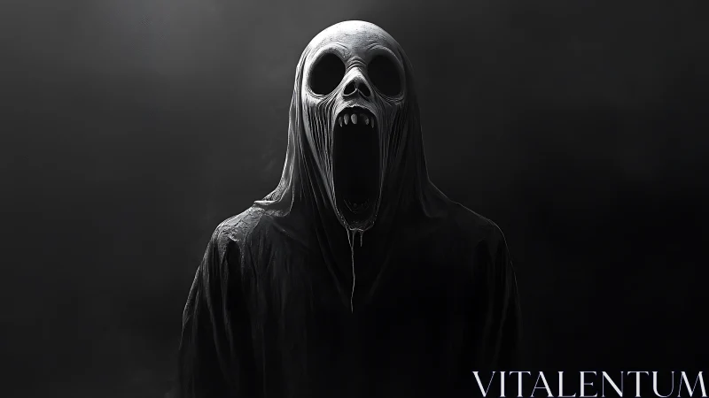 Hooded skeletal wraith screaming in dark void.
