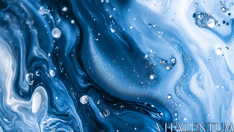 Blue liquid abstract with swirling waves and droplets.