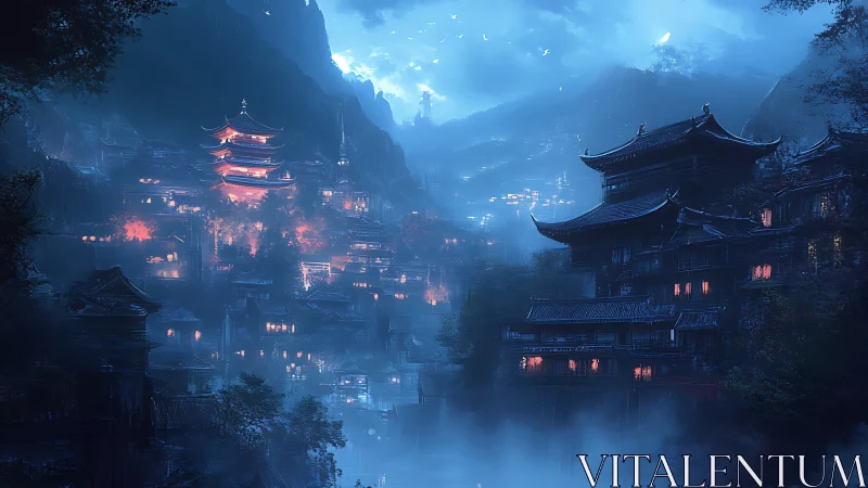 Mountain valley city shows tiered pagodas under blue night