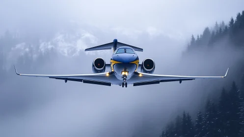 Business jet on approach through misty conifer valley.