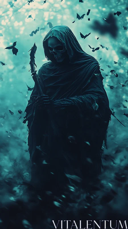 Grim reaper figure standing in dark misty forest scene.