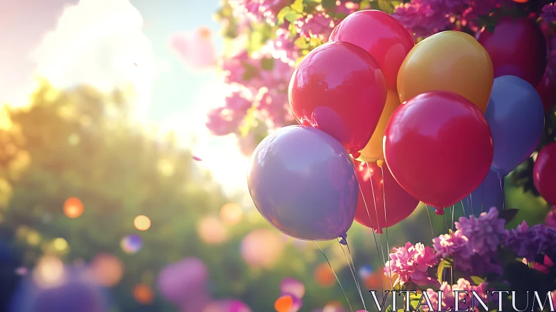 Luminous Balloons Dance Through Blossom Gardens at Golden Hour