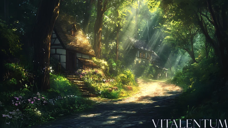 Radiant forest lane with timber cottages and volumetric light.