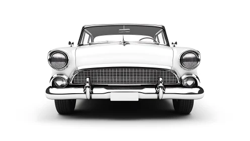 Classic white vintage car front view on clean background.